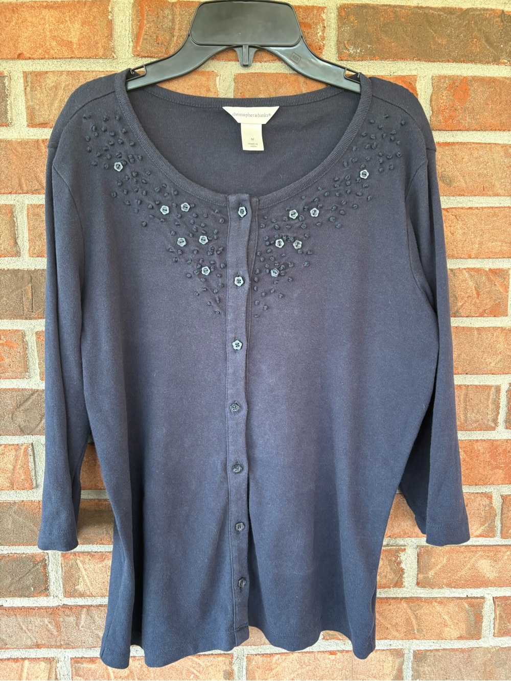 Christopher & Banks Navy Embellished Button-Front Sweater 3/4 length sleeves